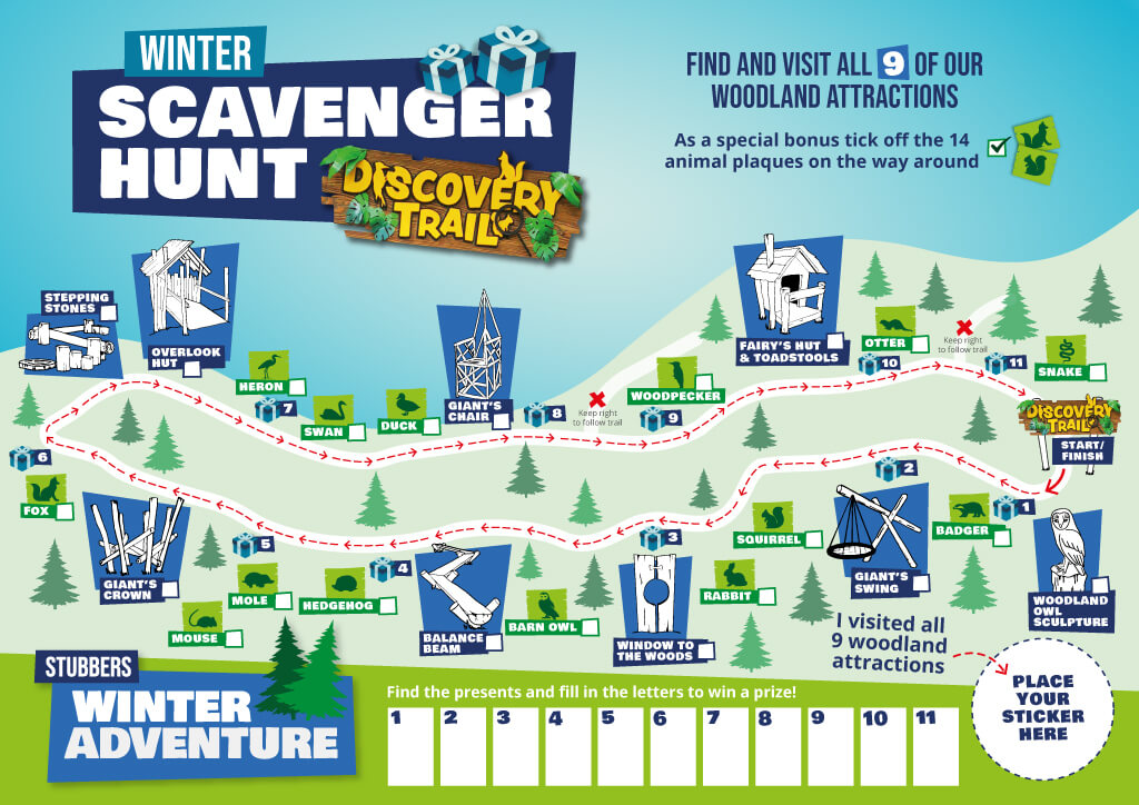 Stubbers Winter Adventure: Winter Scavenger Hunt - Discovery Trail. FInd and visit all 9 of our woodland attractions.